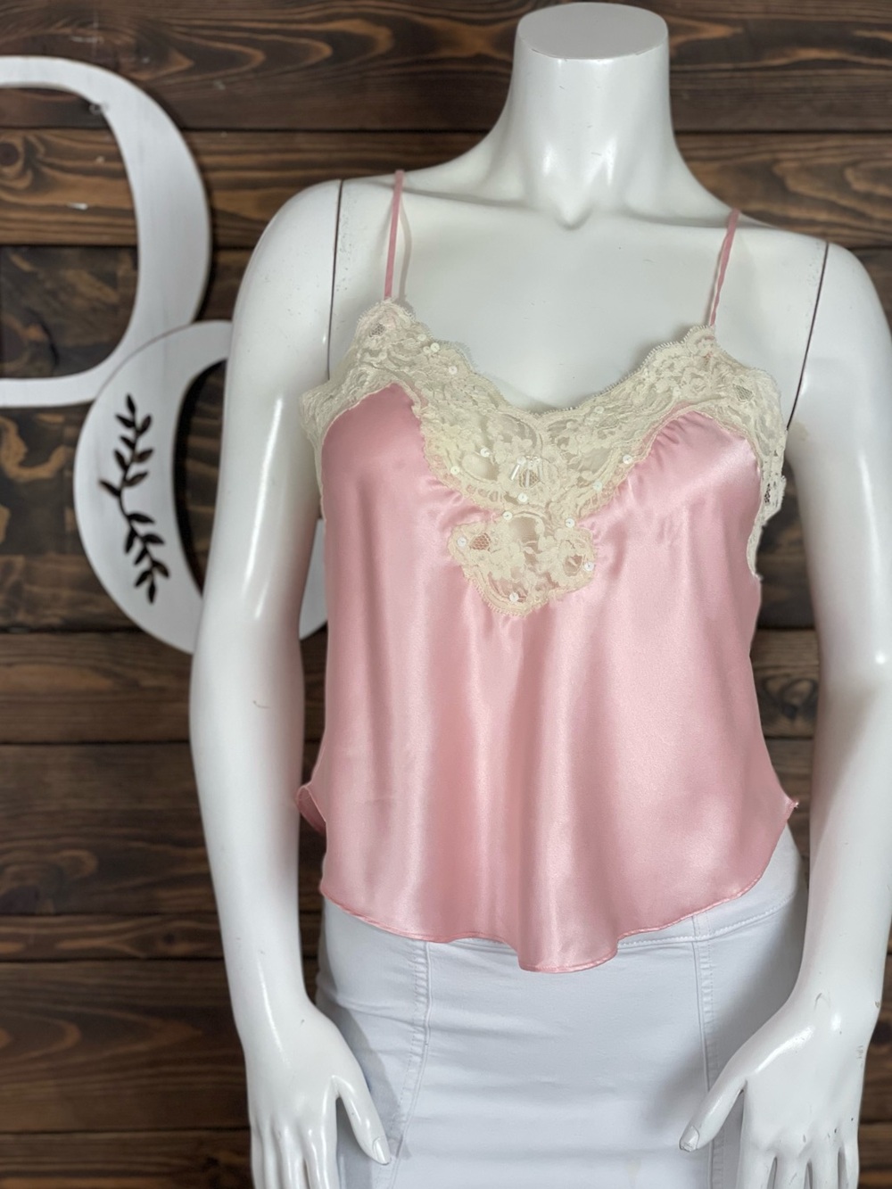 Victoria's Secret | Vintage Gold Label Pink Satin Cami Lace Mesh Sequin Beaded